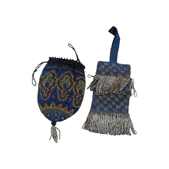 Beaded  Woven Drawstring Pouch Lot 2 Unique Bags Fringed & Patterned Small Vinta - Picture 1 of 10